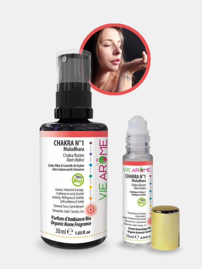 Kit Chakra 1 Racine Muladhara Bio Vie Arôme Parfum d'ambiance et Roll-on Sérum