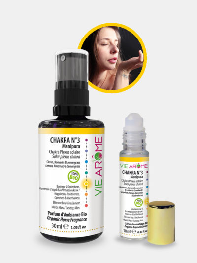 Kit Chakra 3 Plexus solaire Manipura Bio Parfum d'ambiance et Roll-on Sérum Vie Arôme