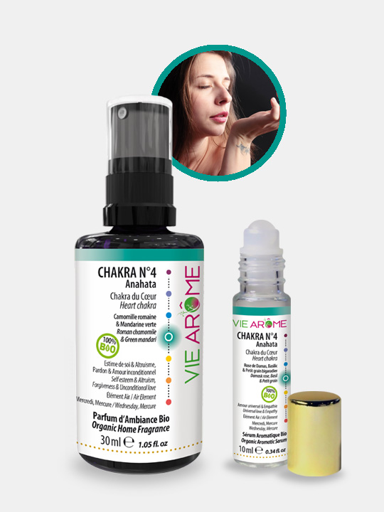 VieArome-Parfum-Ambiance-Roll-On-Chakra-n4-01 Kit Chakra 4 Cœur Anahata Vie Arôme Amour Compassion Elément Air Mercredi Mercure