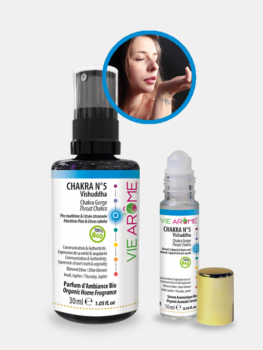 VieArome-Parfum-Ambiance-Roll-On-Chakra-n5-01 KIT Chakra 5 Gorge Vishuddha Parfum ambiance et Roll-on Sérum Bio Vie Arôme
