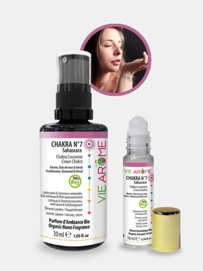 KIT Chakra 7 Couronne Sahasrara Bio Vie Arôme Parfum d'ambiance et Roll-on Sérum