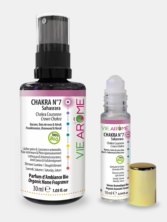 VieArome-Parfum-Ambiance-Roll-On-Chakra-n7-02 KIT Chakra 7 Couronne Sahasrara Bio Vie Arôme Parfum d'ambiance et Roll-on Sérum